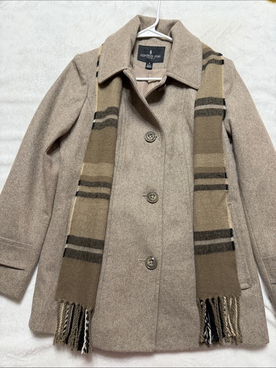 London Fog Jackets & Blazers - London Fog Taupe Wool-Blend Pea Coat with Olive-Striped Scarf